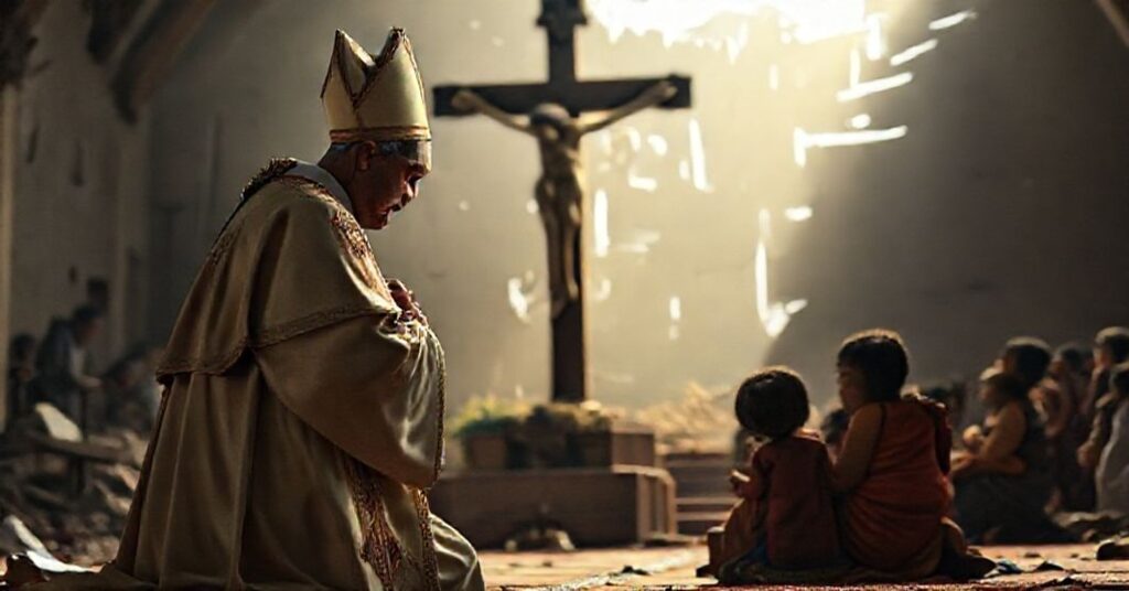 A traditional Catholic bishop kneeling in prayer before a crucifix, with a suffering Venezuelan family in the background, symbolizing the need for divine intervention in the Venezuela crisis.