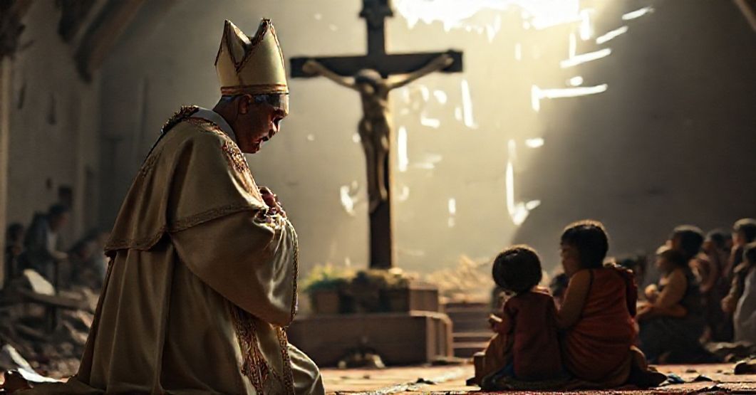 A traditional Catholic bishop kneeling in prayer before a crucifix, with a suffering Venezuelan family in the background, symbolizing the need for divine intervention in the Venezuela crisis.