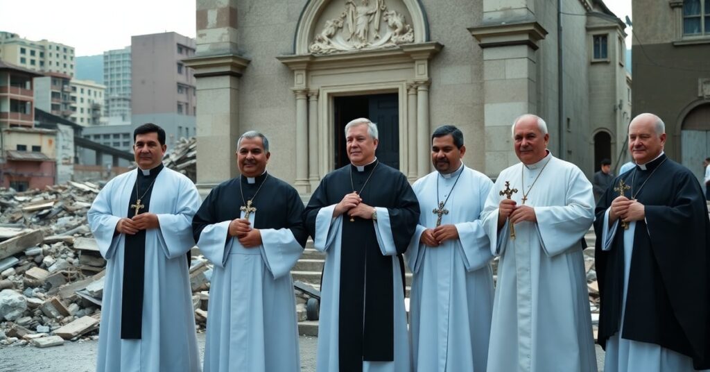 Catholic clergy in Venezuela praying amid earthquake destruction with crucifixes and rosaries.