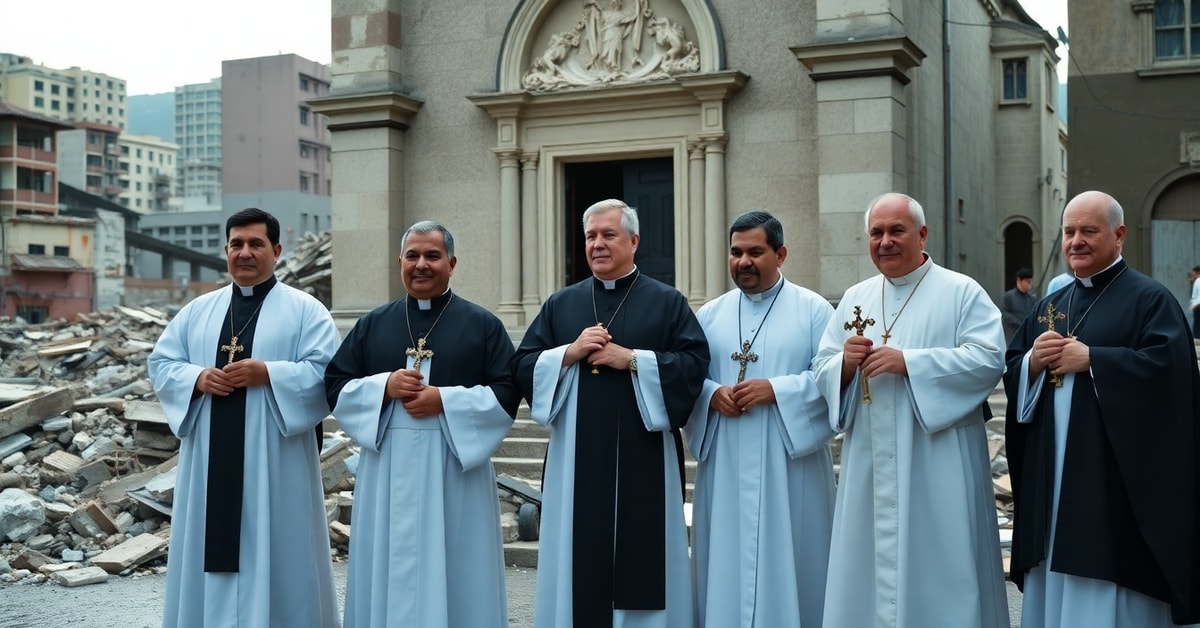 Catholic clergy in Venezuela praying amid earthquake destruction with crucifixes and rosaries.