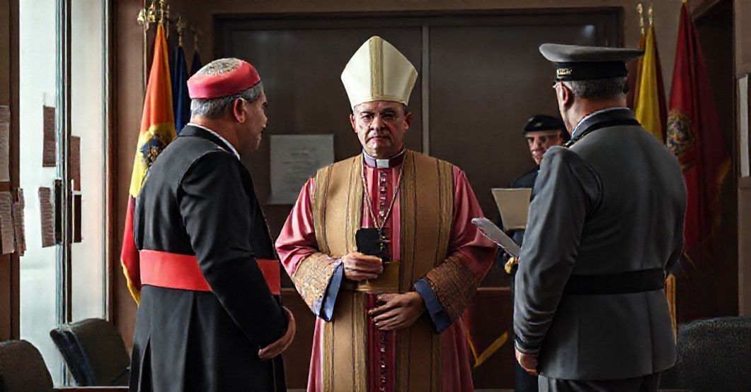Archbishop Baltazar Enrique Porras Cardozo facing Venezuelan immigration officials as his passport is confiscated in a government office.