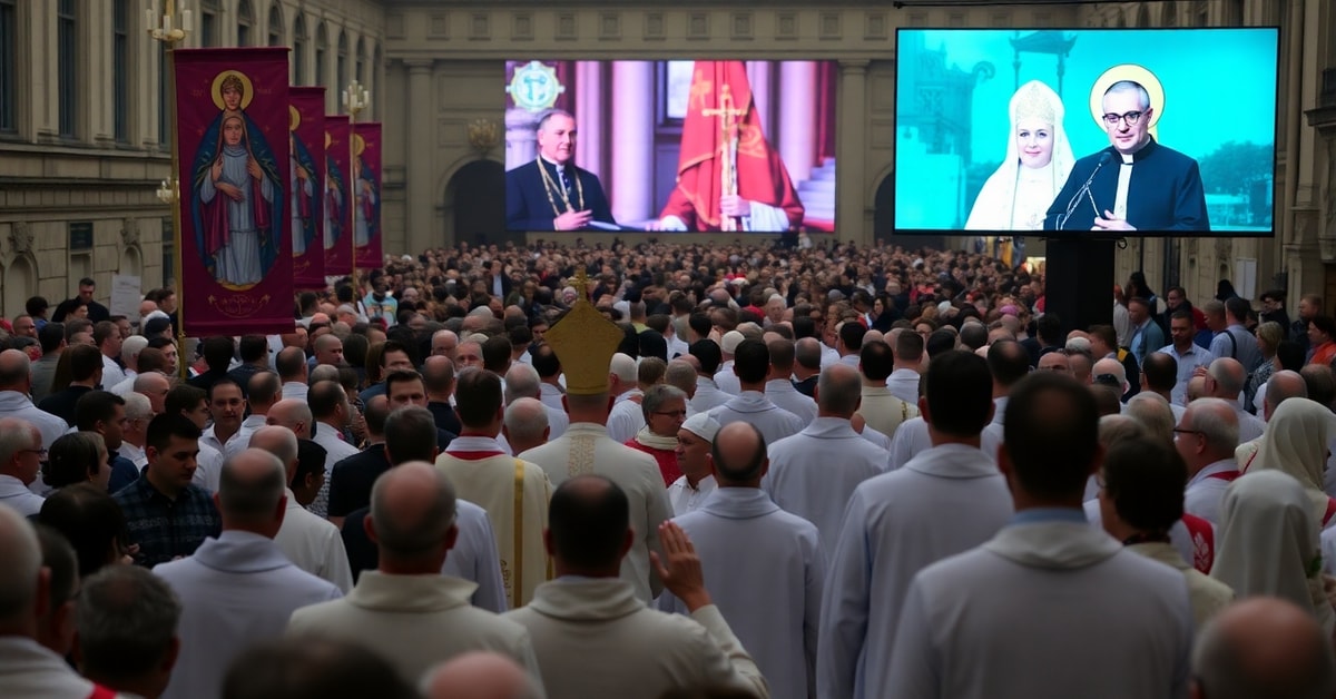 A solemn Eucharistic procession in Vilnius during a neo-church congress on mercy, featuring modernist clergy and ecumenical gestures.
