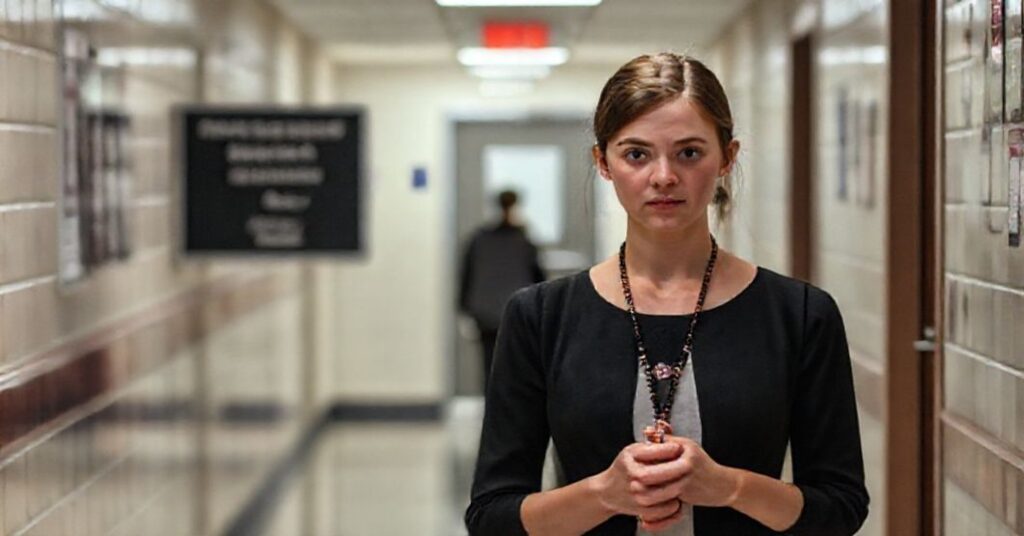 A Catholic student holds a rosary in front of a transgender policy sign in a Virginia school hallway.