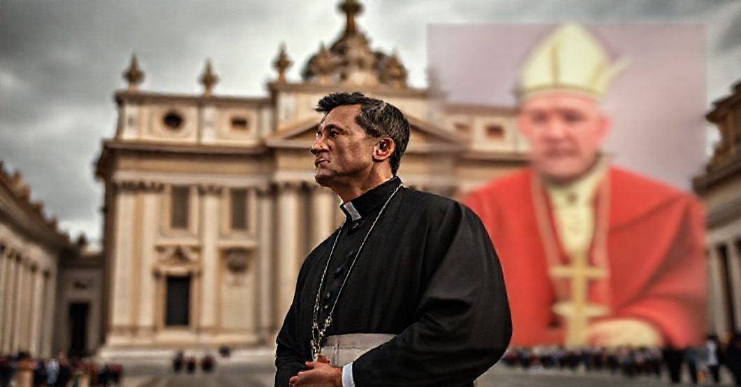A traditional Catholic priest stands before the grand St. John Lateran Basilica, contrasting with a blurred image of antipope Leo XIV representing modernist distortions of Church teachings.