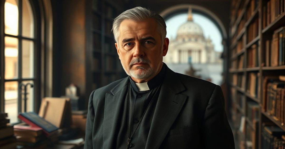Portrait of Vittorio Messori in a library surrounded by Catholic books, symbolizing his role in promoting modernist apologetics.