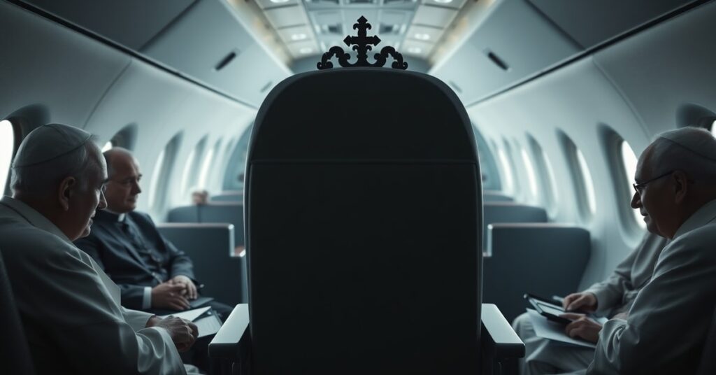 Empty press conference seat on Papal airplane with U.S. bishops discussing Dallas Charter in Orlando.