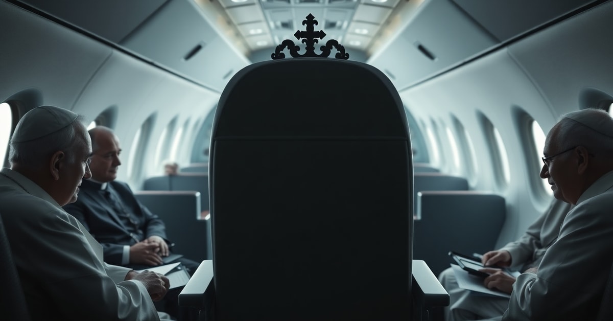 Empty press conference seat on Papal airplane with U.S. bishops discussing Dallas Charter in Orlando.