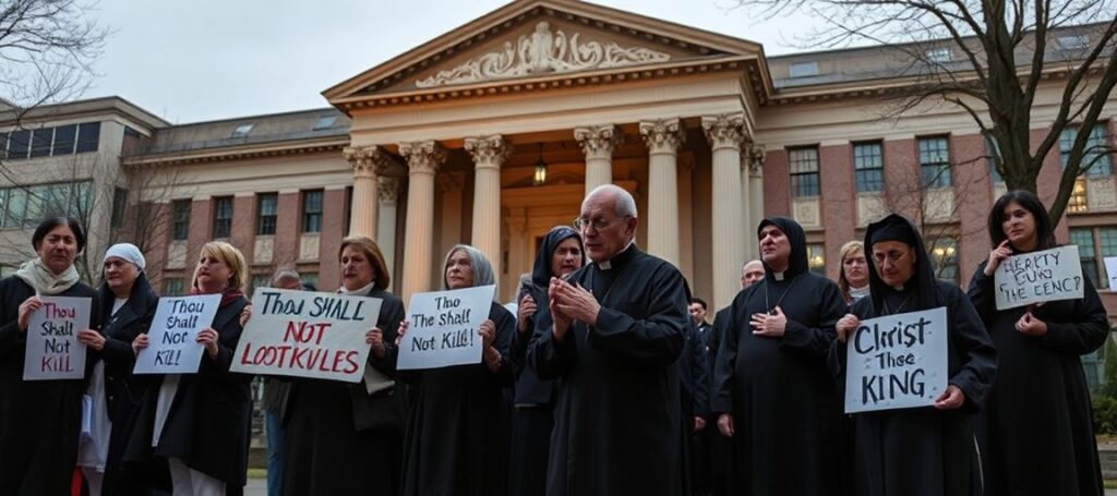 Traditional Catholic protestors outside a Washington courthouse praying for an end to abortion in light of Providence hospital lawsuit.