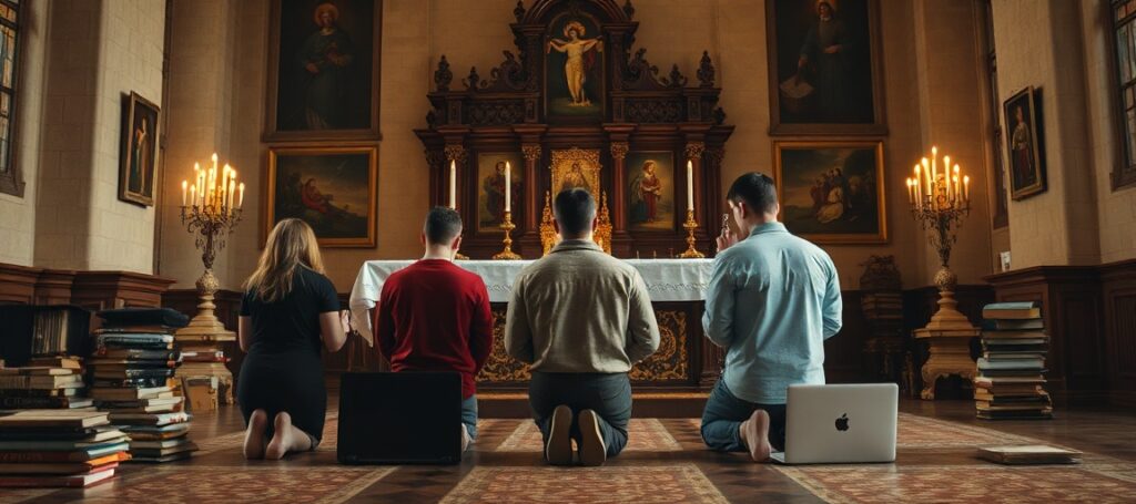 Young Catholics in prayer before an altar, reflecting on AI-driven job market anxieties and the absence of Christ the King's reign in modern society.