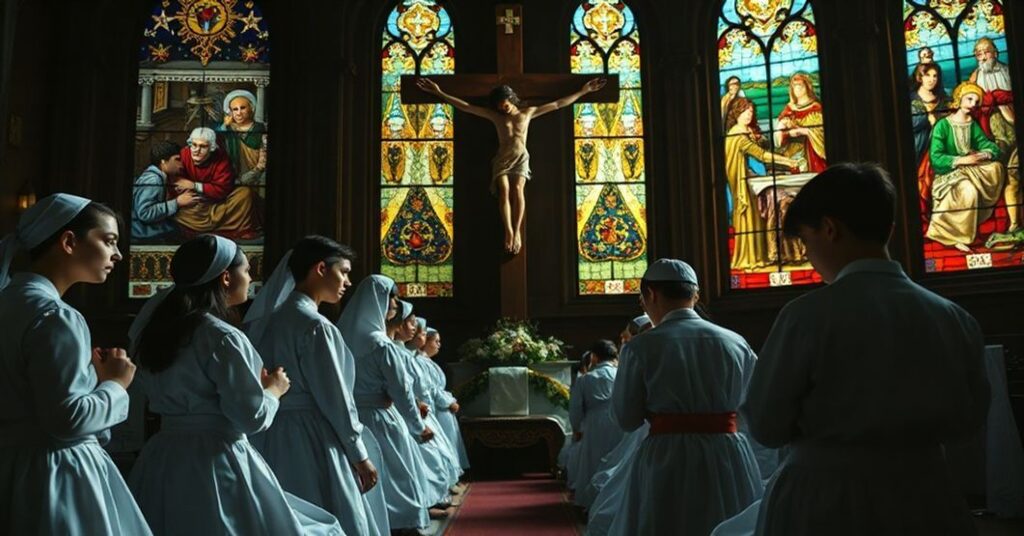 Young Catholics kneeling in prayer before a crucifix in a dimly lit church, reflecting on the dangers of modern addictions.