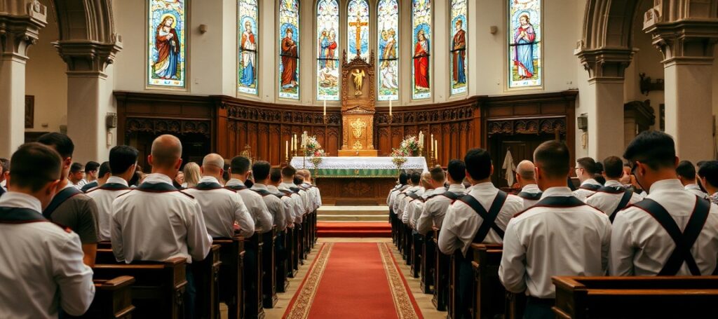 Young men attending Traditional Latin Mass in a historic Catholic church.