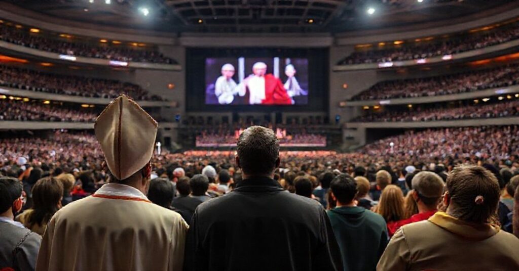 A critical depiction of the Youth Mass at NCYC 2025 in Indianapolis, highlighting the modernist distortion of Catholic worship.