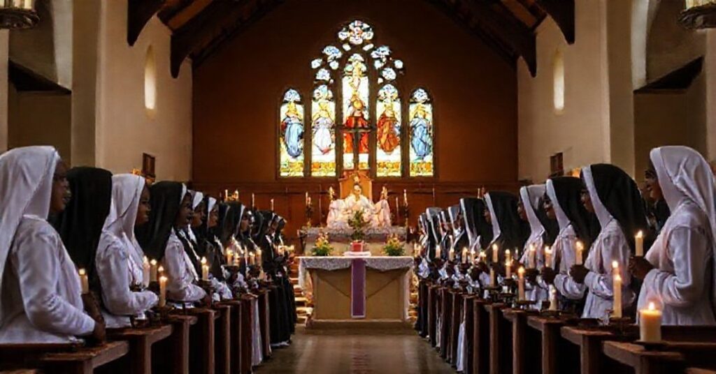 A solemn graduation ceremony at Kalundu International Study Centre with religious sisters in traditional habits before an altar.