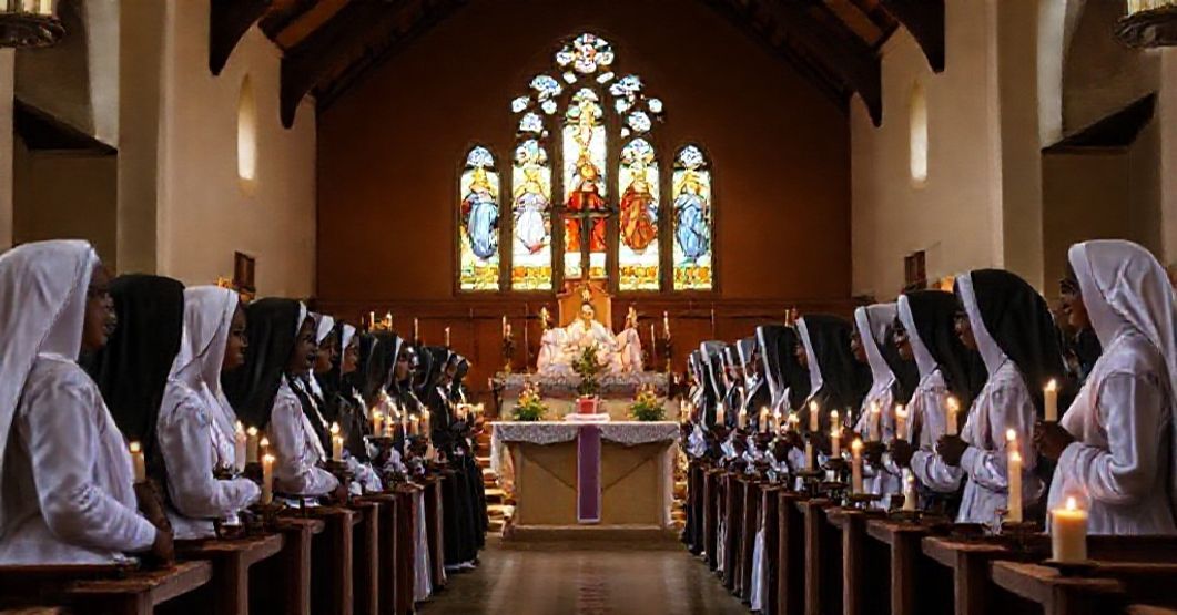 A solemn graduation ceremony at Kalundu International Study Centre with religious sisters in traditional habits before an altar.