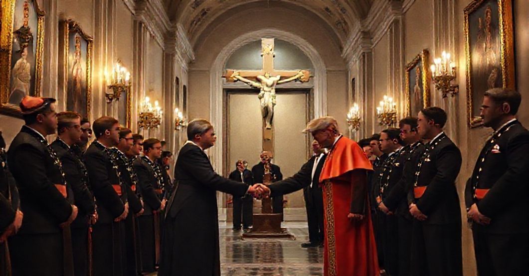 Solemn Catholic scene of Volodymyr Zelenskyy and Donald Trump shaking hands in a Vatican hallway with religious icons and saints.